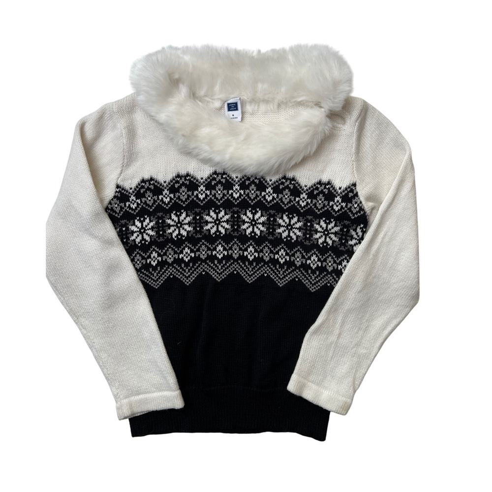 Janie and Jack Kids Sweater Faux Fur Collar Fair Isle Snowflake Size 5